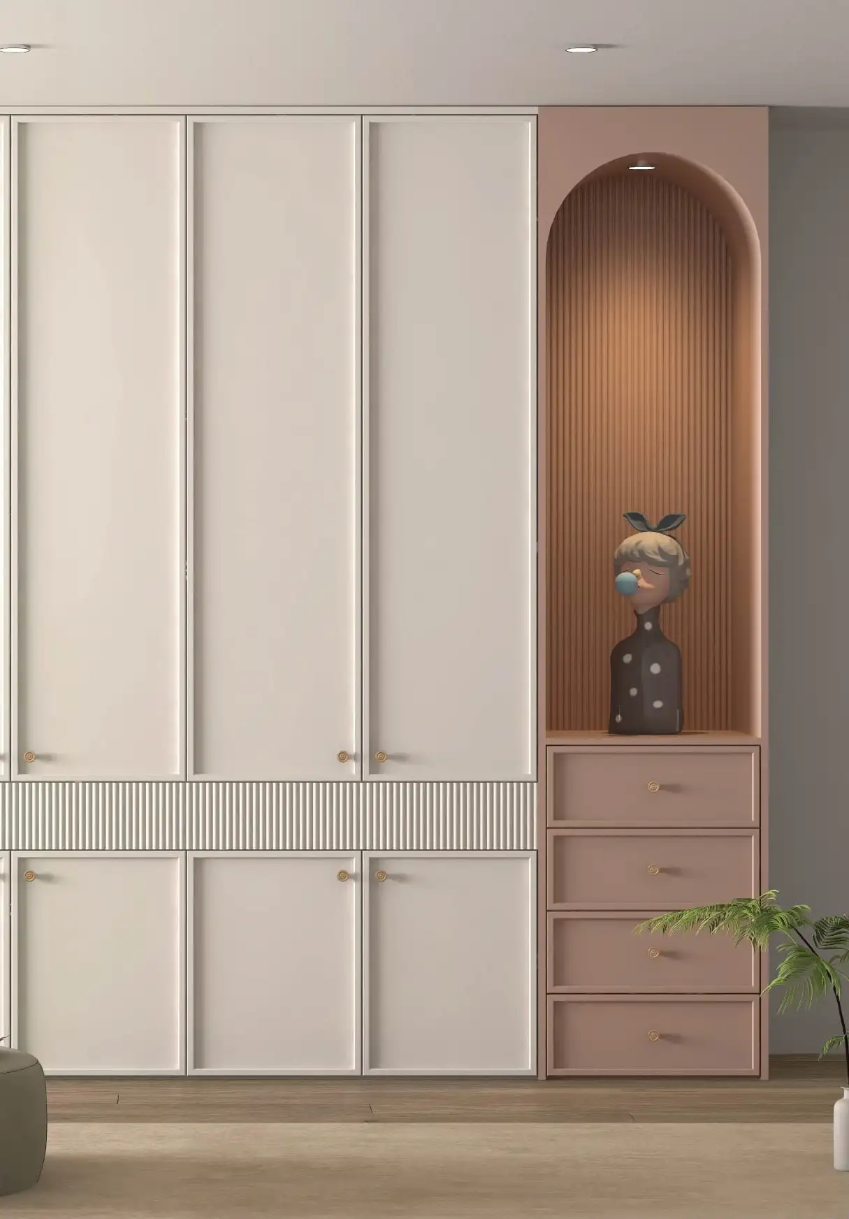 Cream wardrobe unit with an arched pink recess and matching drawer stack