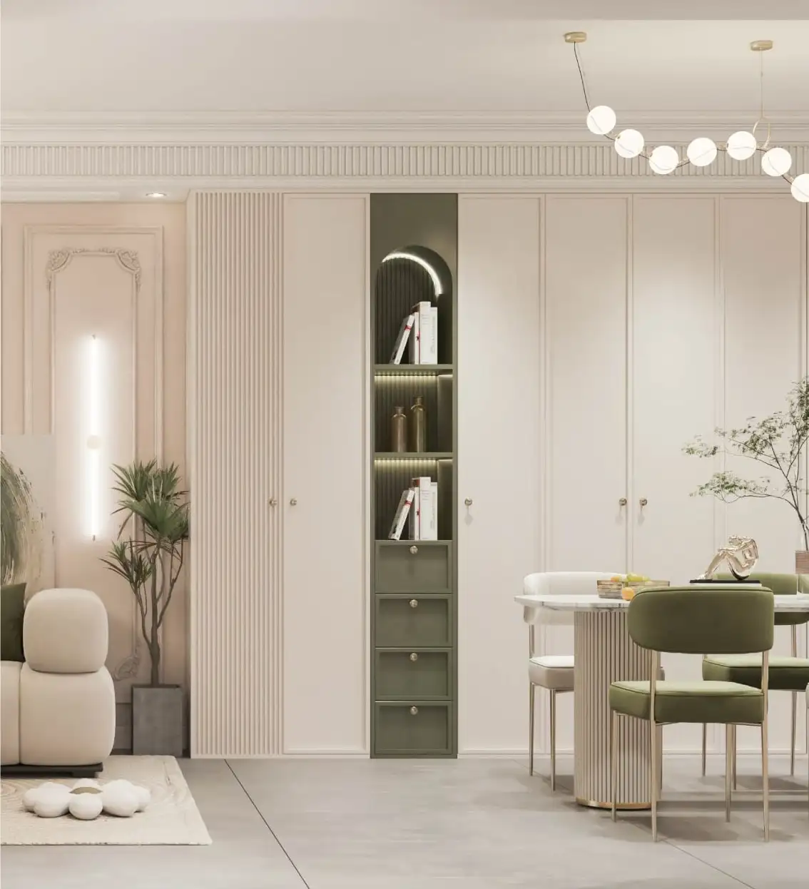 Cream fitted wardrobes with an arched niche beside a dining area in sage green