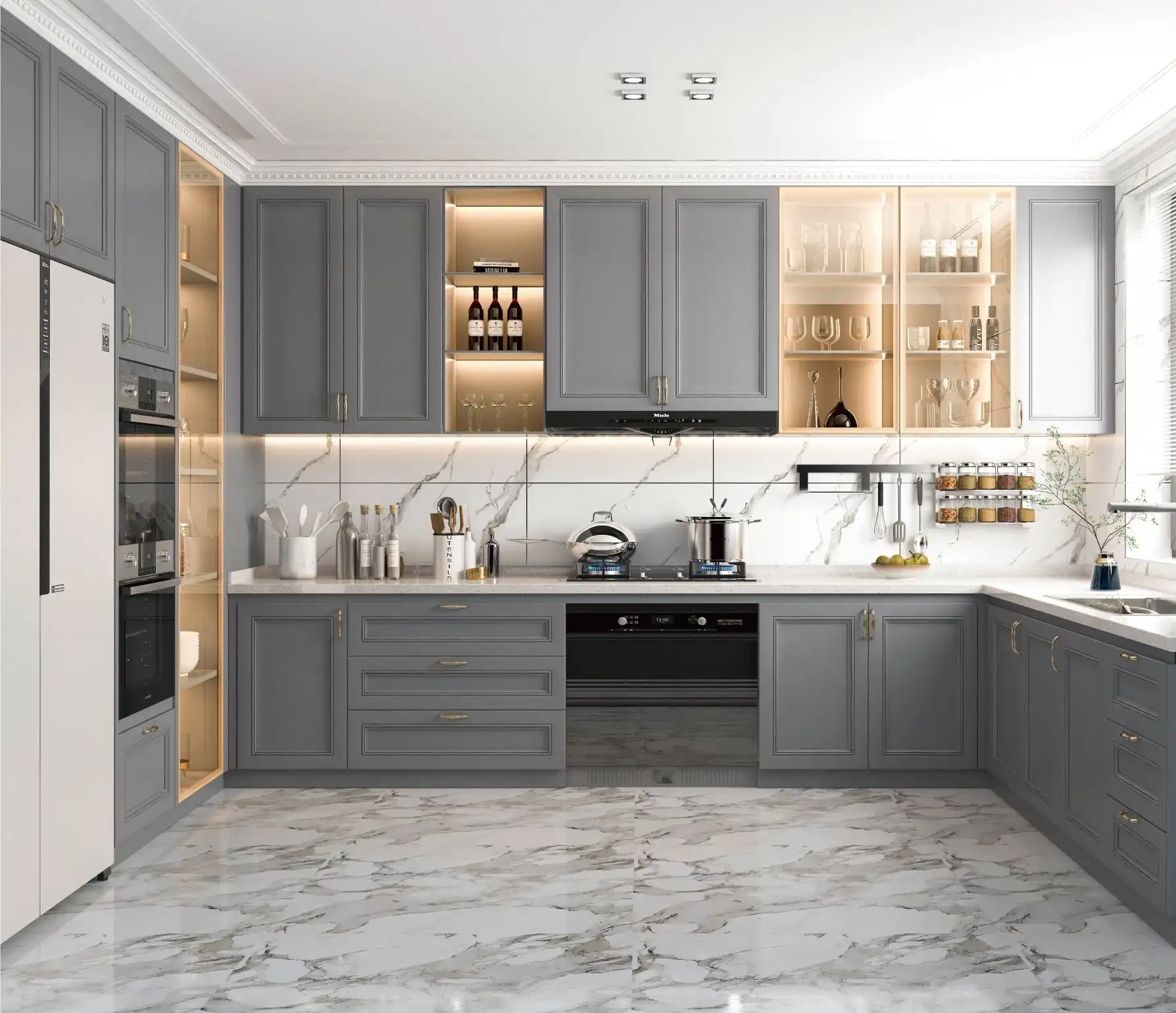 Grey shaker kitchen with lit glazed display cabinets and a marble backsplash