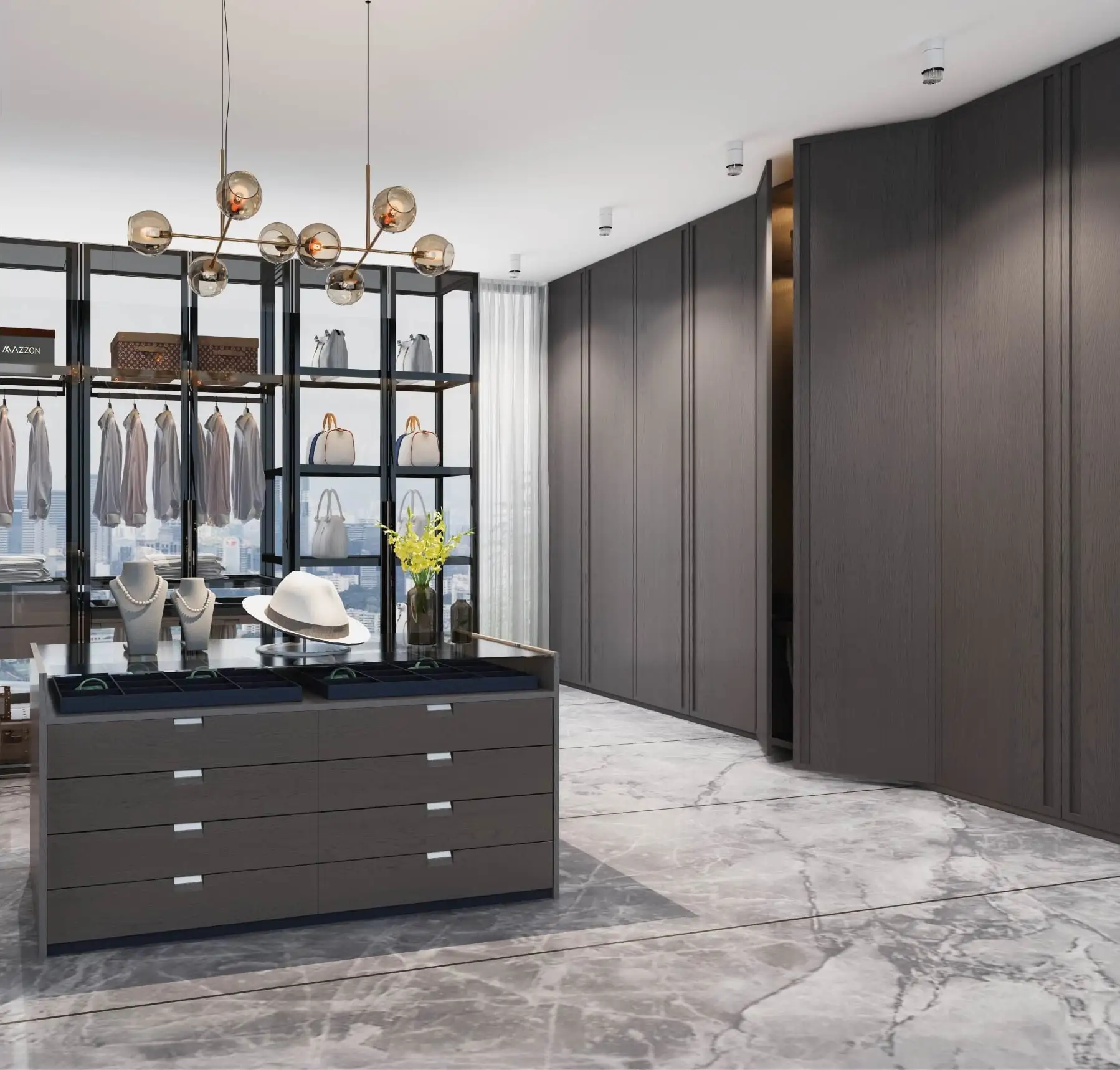 Dressing room with a dark island of drawers, open steel shelving and a brass chandelier