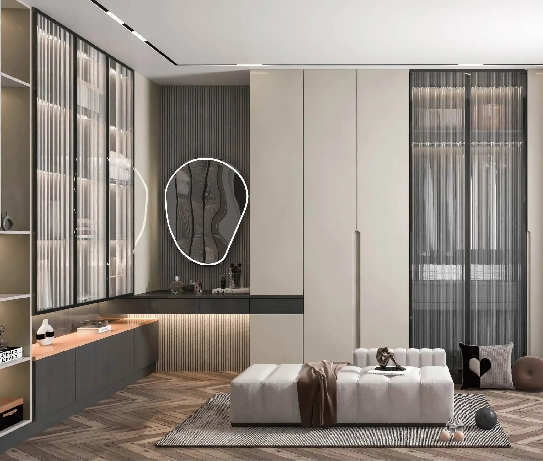 Dressing room with glazed wardrobes, a wall-mounted mirror and a fluted dressing table