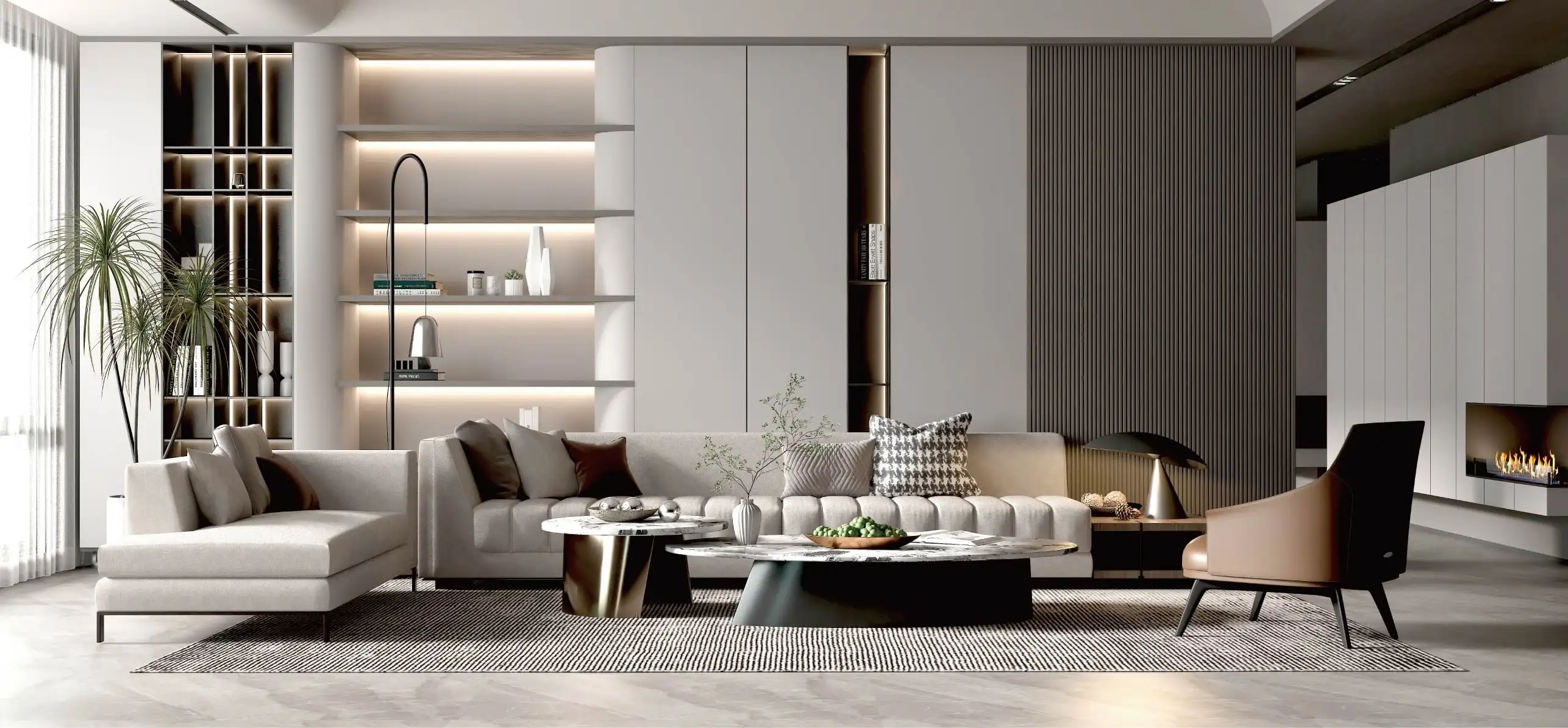 Living room with a full-height media wall, open shelving and an inset fireplace