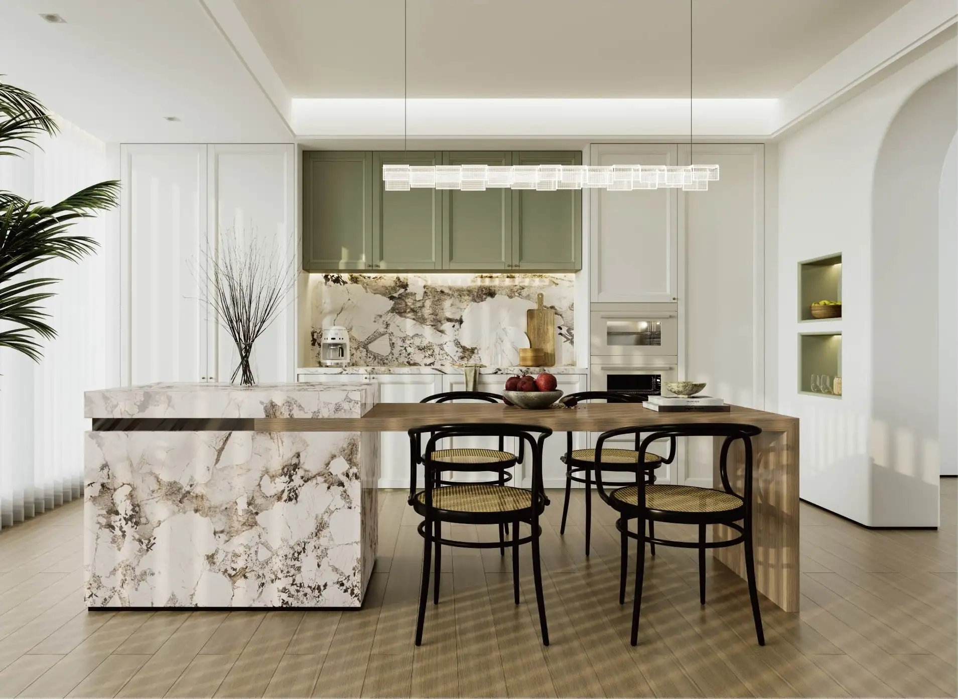 Kitchen with a bookmatched marble island, sage green cabinetry and a dining table