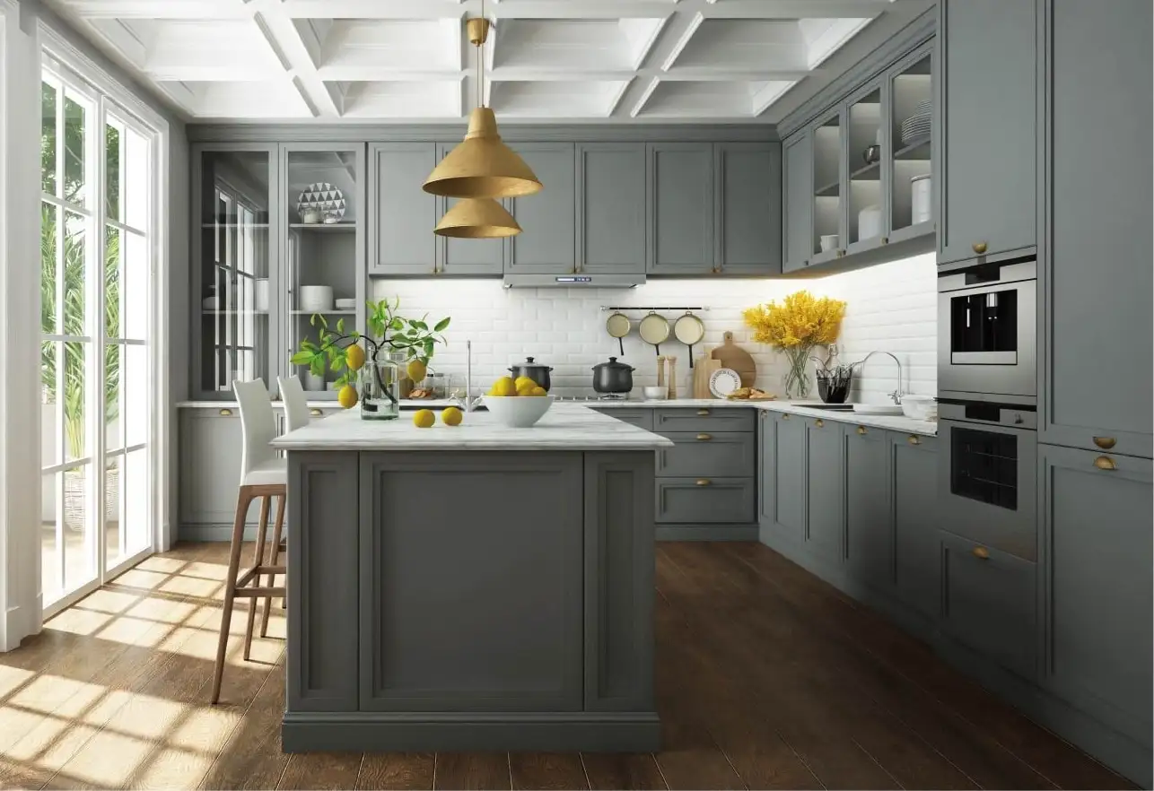 Blue-grey kitchen with a coffered ceiling, brass pendant and central island
