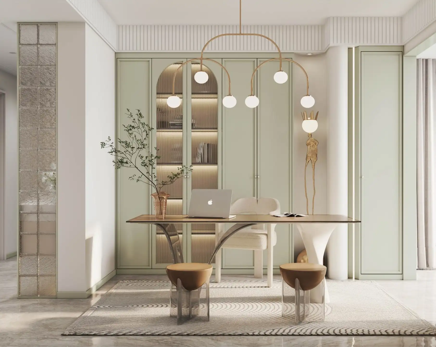 Pale green dining room with full-height glazed cabinetry and a brass globe chandelier